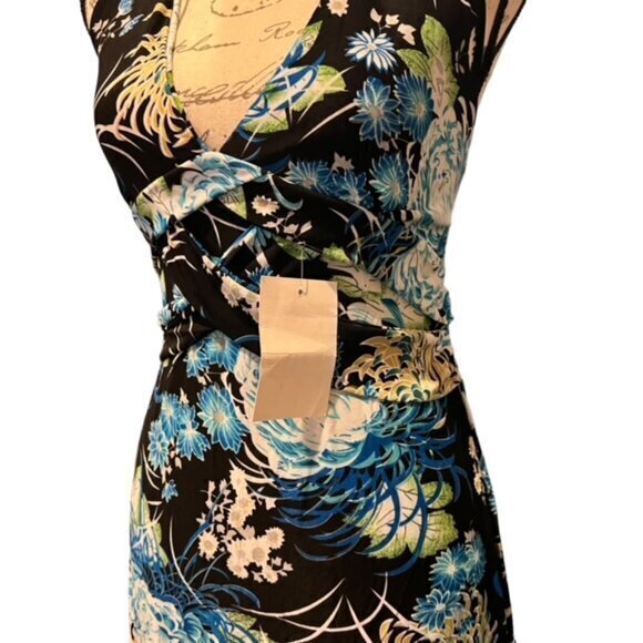 Tropical Tie Halter Mini Dress Blues Whites Backless Med / Lar NWT Stretch Beach - Picture 4 of 14